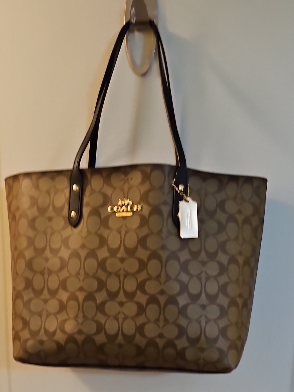 Large Coach Tan & Brown Signature Canvas Tote w/ Black Straps and Gold Hardware